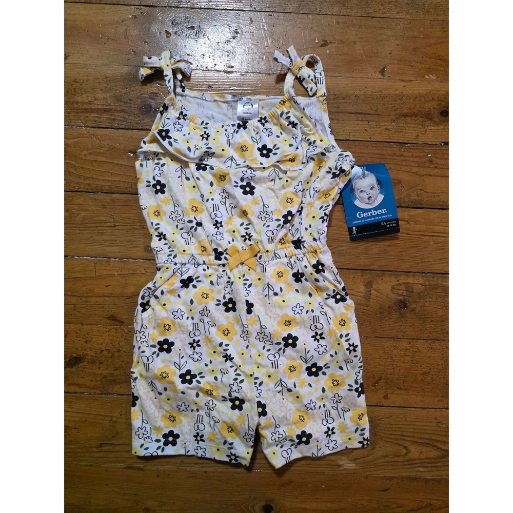 Gerber Baby Girls Floral Romper Yellow Black Daisy Tie Shoulder 24 Months NWT